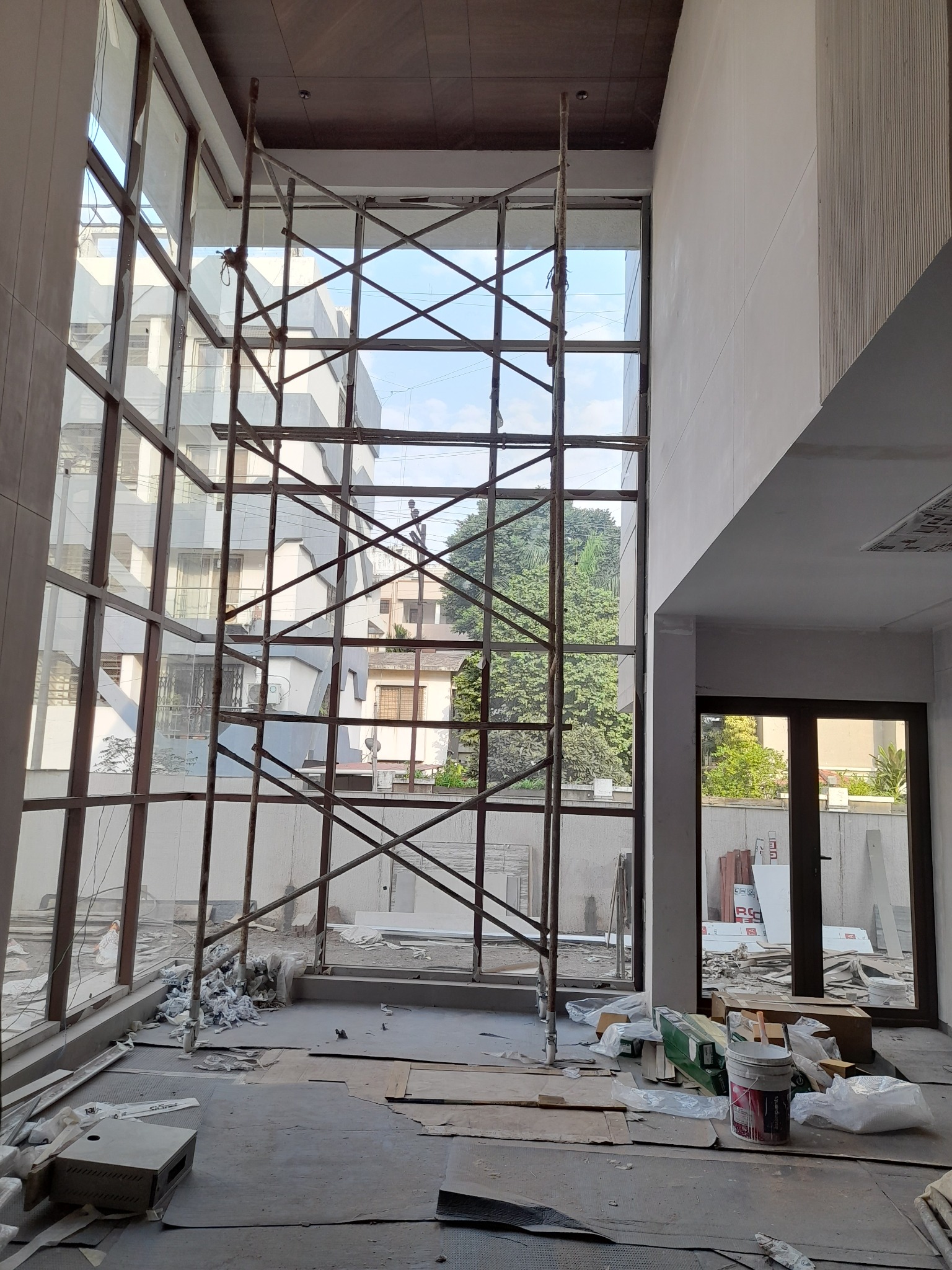 Double-height curtain installation