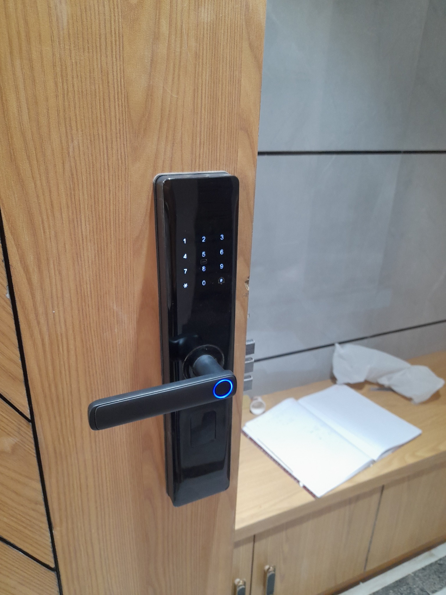 Smart door lock installed at a residence