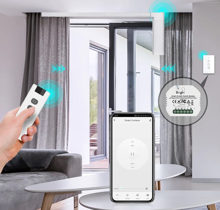 Smart motorized curtain controlled by remote, app and wall switch